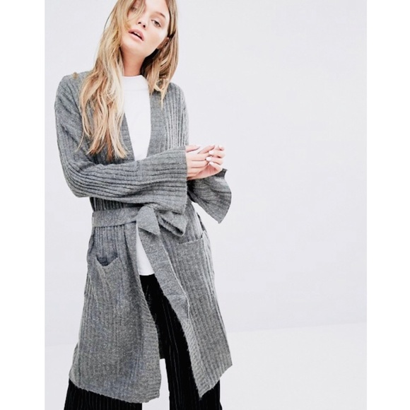 Monteau Sweaters - Long Ribbed Knit Tie Waist Cardigan